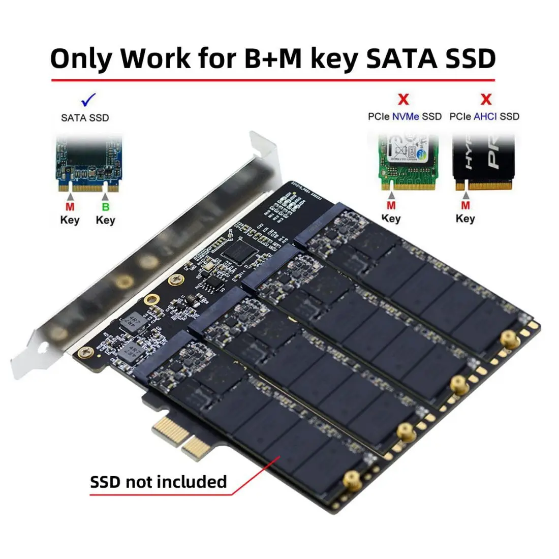 High-Speed 4 SATA NGFF Key B+M SSD to PCI-E 1x Motherboard Desktop Adapter SSD Card ASM1064 2280 with Hot Swap