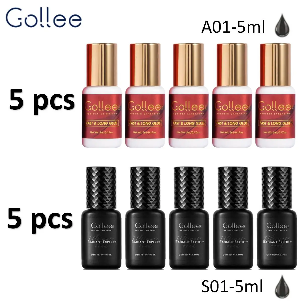 Gollee 5 pcs Red Fast Long Eyelash Extension Glue and  5 pcs 0.5 Black Fast  Adhesive for lash Extension Wholsales For Salon