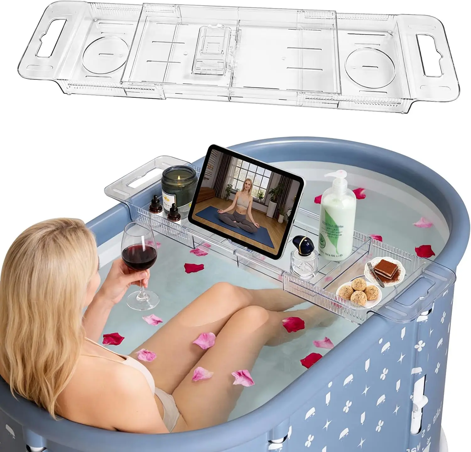 Foldable Bathtub Tray, Expands to 80cm, Acrylic Bath Tray with Non-Slip Pads, Holds Phone & Tablets, for Tub Storage
