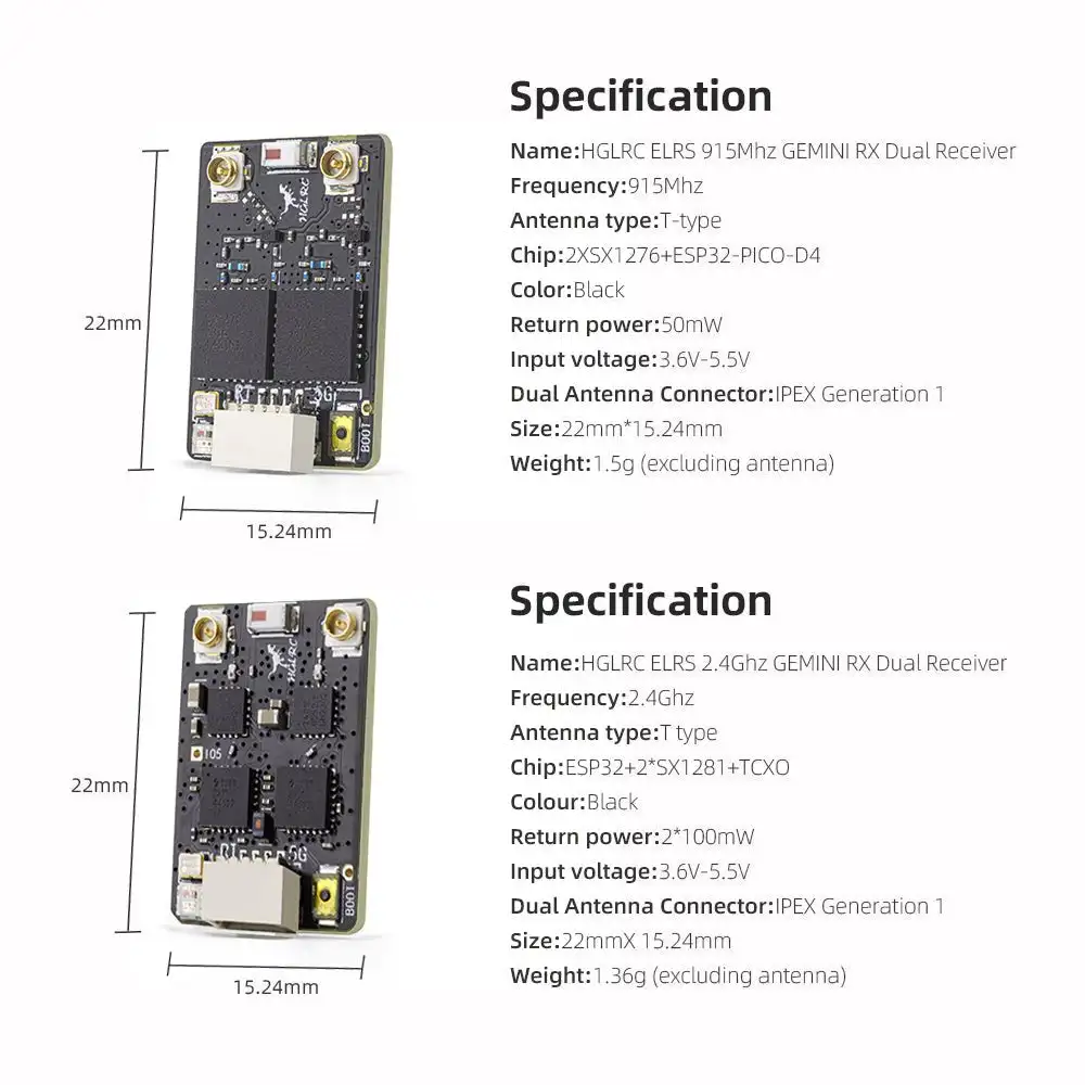 HGLRC ELRS Gemini RX Dual Band 2.4G+915MHz ExpressLRS Receiver for FPV Drone