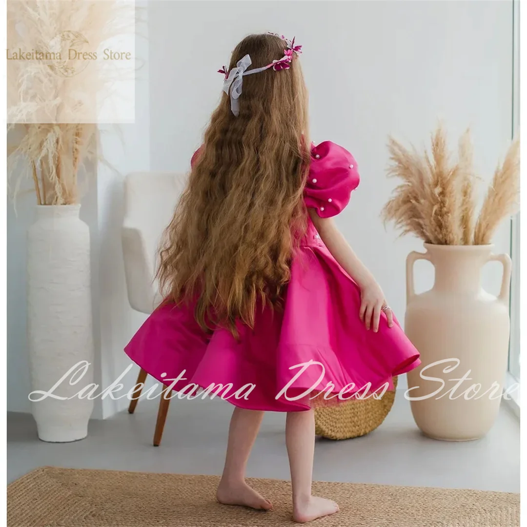 Rose Pink Satin Flower Girl Dress For Wedding Knee Length With Pearls Puffy Short Sleeves Kids Birthday Party Pageant Ball Gown