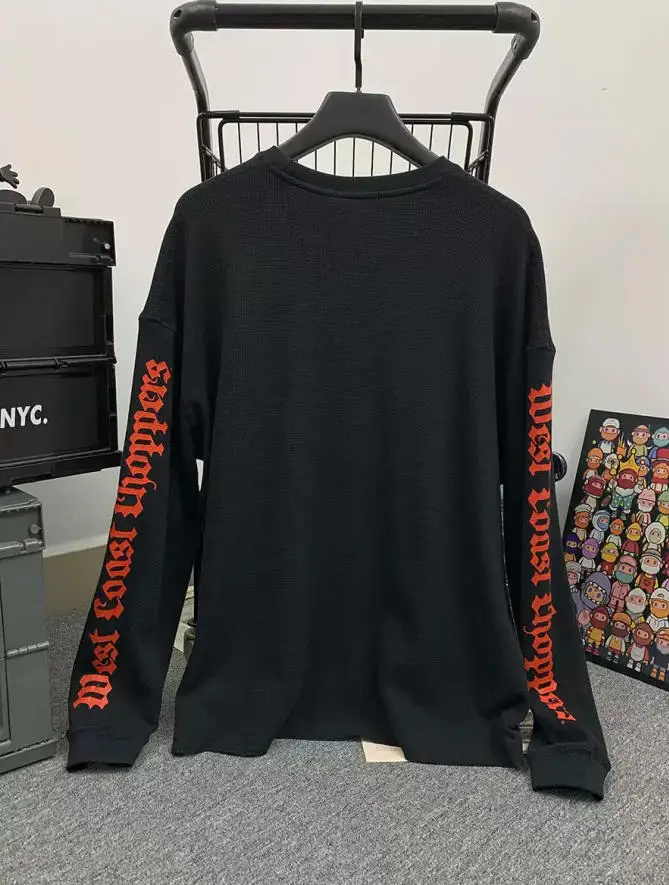 American West Coast Long Sleeve High Street Streetwear Cross Print Heavyweight Loose Fit Waffle Long Sleeve T-Shirt Men Women