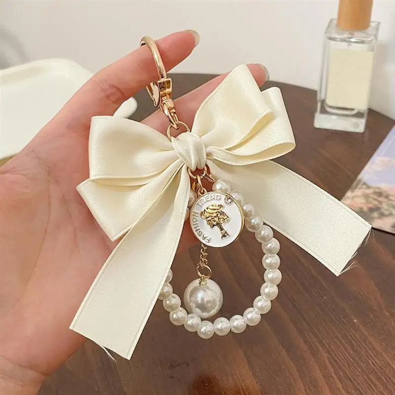 Fashion Large Bowknot Ribbon Pearl Key Chain Women\'S Multi-Color DIY Key Pendant Hanging Ornament Sweet Bag Accessories