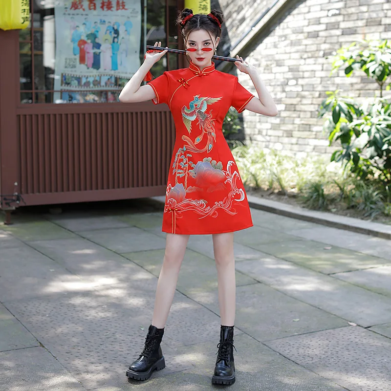 Red National Style Fashion Print Dress Women Spring Summer Cheongsam 2024 Modern Improve Vintage Elegant Slim Girl Chinese Qipao