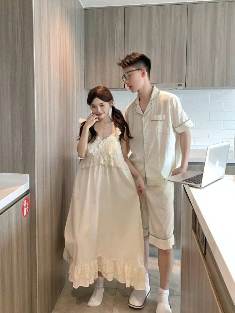 Sweet Girl Palace Style Heavy Lace Padded Cotton Linen Nightdress Strap Couple Pajamas Summer Wearable