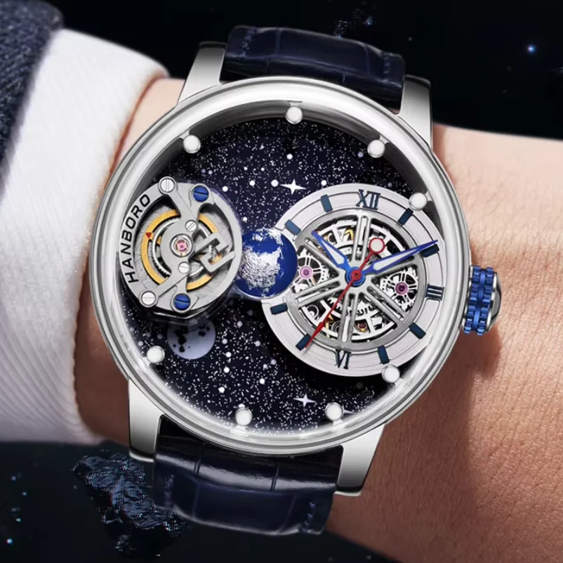 HANBORO Men Automatic Watch Mechanical Wristwatch Waterproof Rotatable Backgroud Luminous Cosmic Celestial Body Dial Miyota Mov