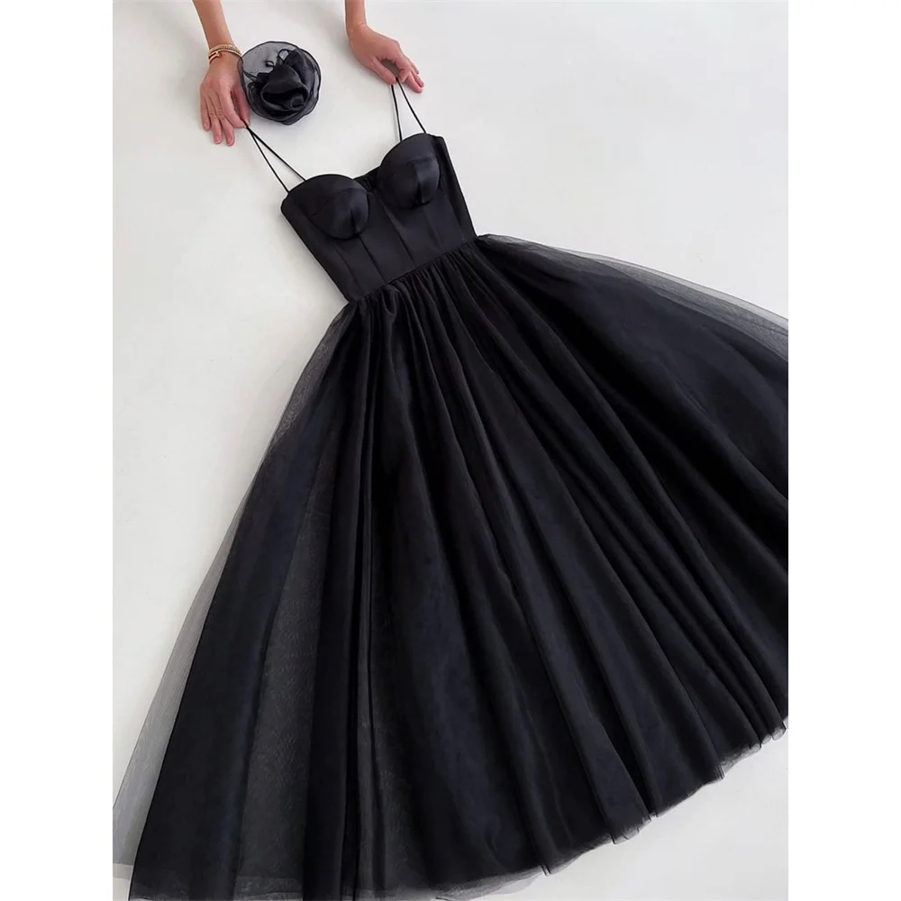 

Lily Black Tea Length Evening Dresses Black Spaghetti Strap Charming Prom Dresses Net Sweetheart Party Dresses vestidos de noche