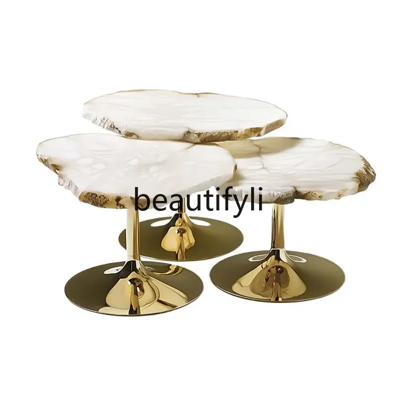 

Light luxury Italian stainless steel coffee table combination irregular special-shaped marble side table