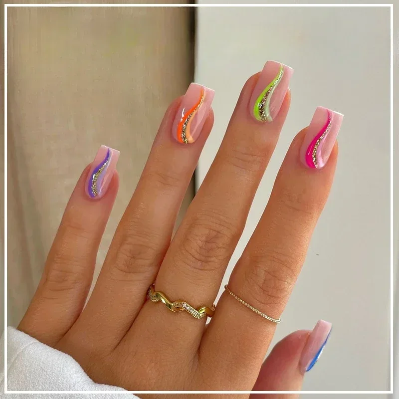 24Pcs Short French Wearable Fake Nails with Glue Simple Stripe Nail Art Full Cover Ballerina Fashion Press on Nail Manicure Tips