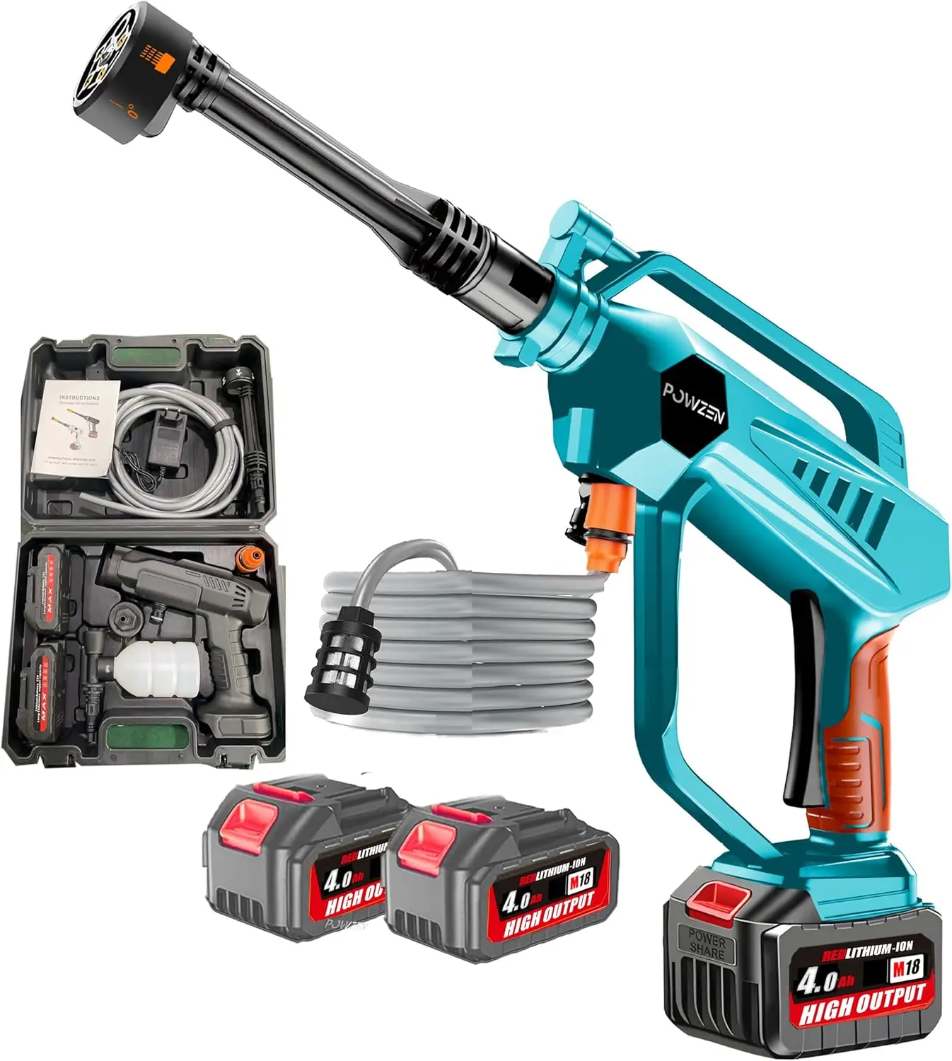 

Беспроводная мойка высокого давления 1250 фунтов на квадратный дюйм, 24 В, питание от аккумулятора, 2x4 Ач, быстрое зарядное устройство, ЖК-дисплей, многофункциональная форсунка для автомобилей и дома