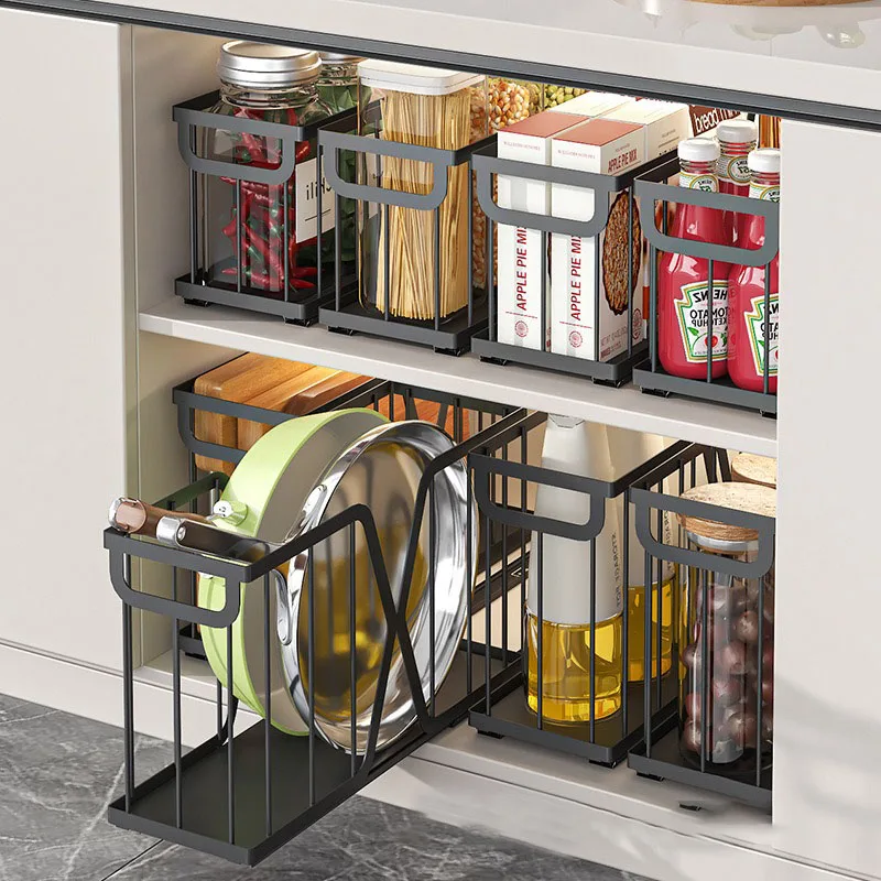 Kitchen Cabinet Shelves Pull-out Multifunctional Storage Rack Pots and Pans Sundries Spice Organizing Rack Drawer Pull Basket