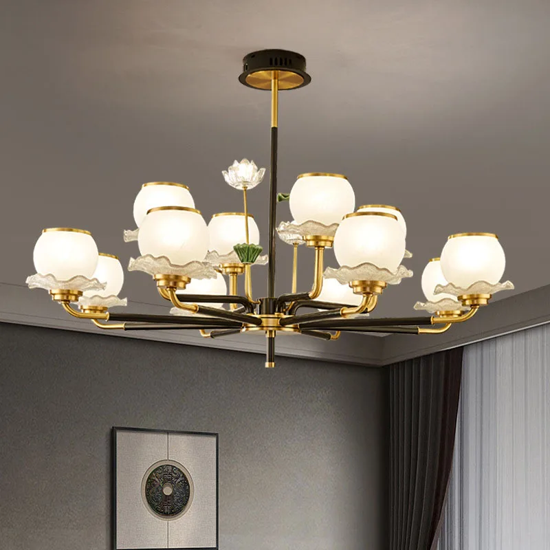 Lotus Zen Chinese Style Villa LED Chandelier New Chinese Style Full Copper Chandelier Living Room Light Modern Simple Home Use