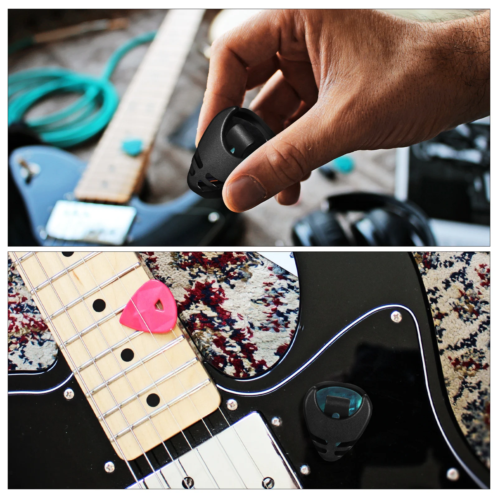

Black Guitar Pick Holder Adhesive Mount Spring-Loaded Lightweight Picks Container Organizer for Electric Acoustic Guitar