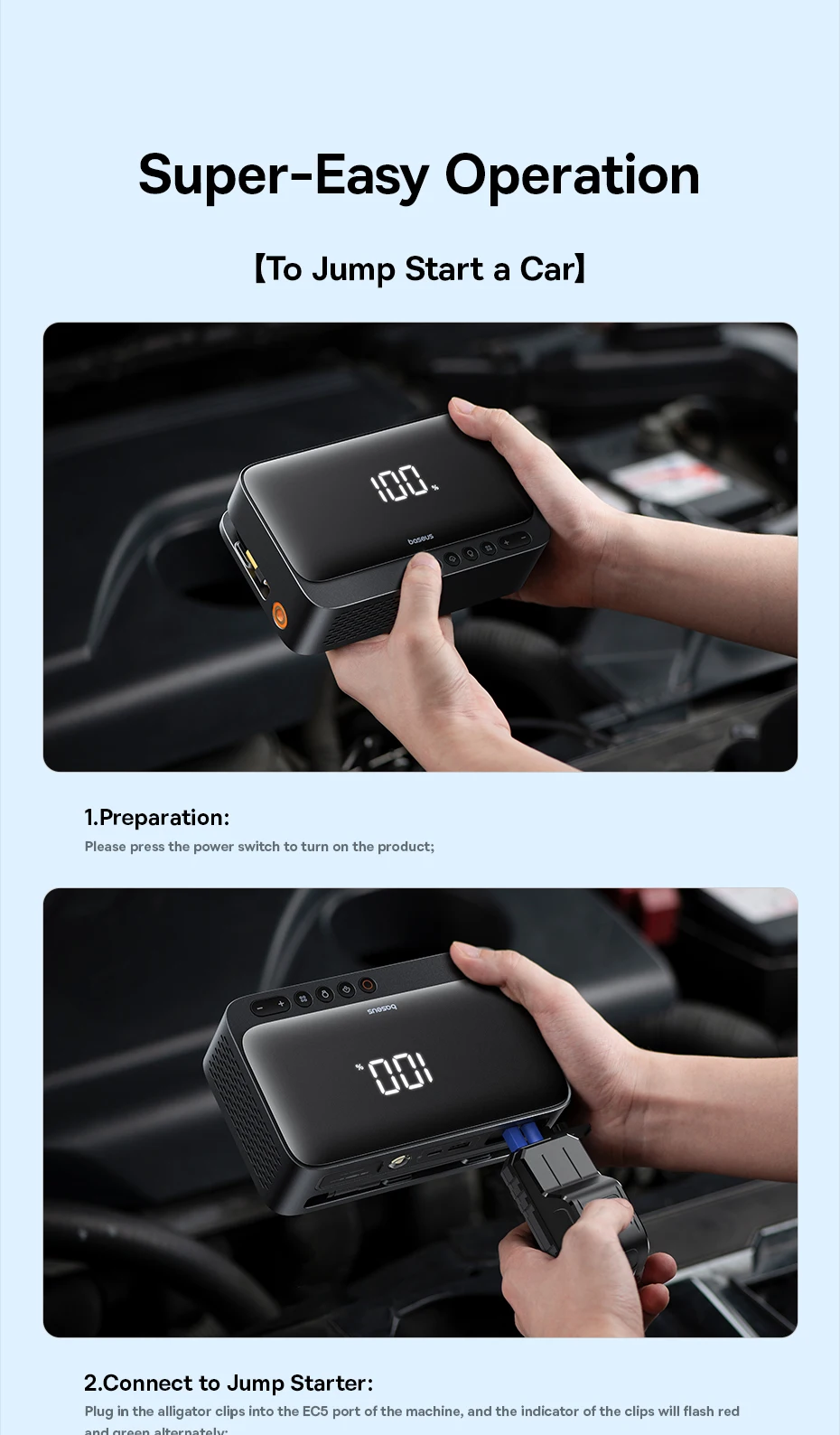 Baseus 4-in-1 Starthilfegerät 600A, Auto-Starthilfe, Powerbank, Multifunktions-Luftpumpe für Autobatterie, Reifenfüller – Detail 19
