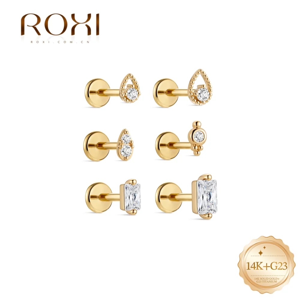 ROXI 1PC 14K Or massif géométrique avec zircon cubique, clou d'oreille plat hypoallergénique pour femme, idéal pour le quotidien, les rendez-vous et comme cadeau de mariage
