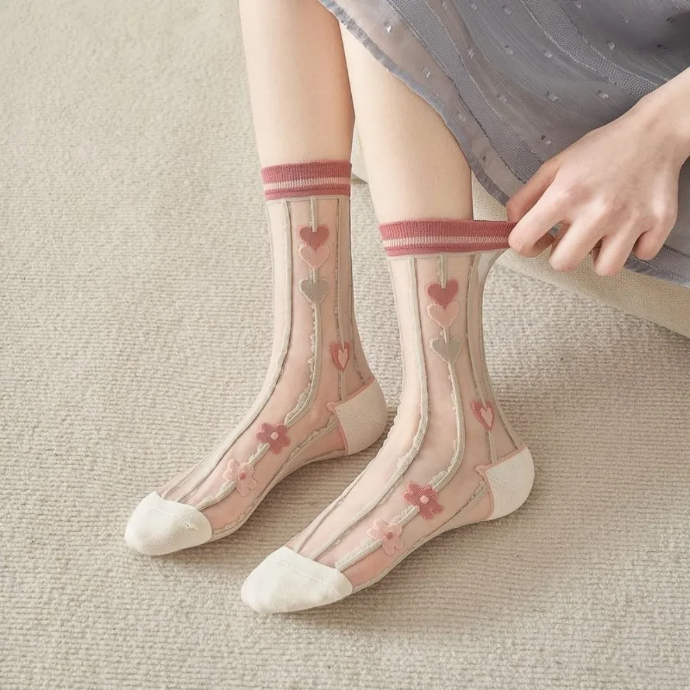 Women Summer Ultra-thin Breathable Crystal Silk Socks See Through Transparent Nylon Long Socks Cute Embroidery Floral Lace Socks