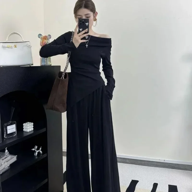 

Two-piece Set One-shoulder Long-sleeved Top Wide-leg Pants Pure Lust Hot Girl Outfit Fashion Suit Women Irregular Trend