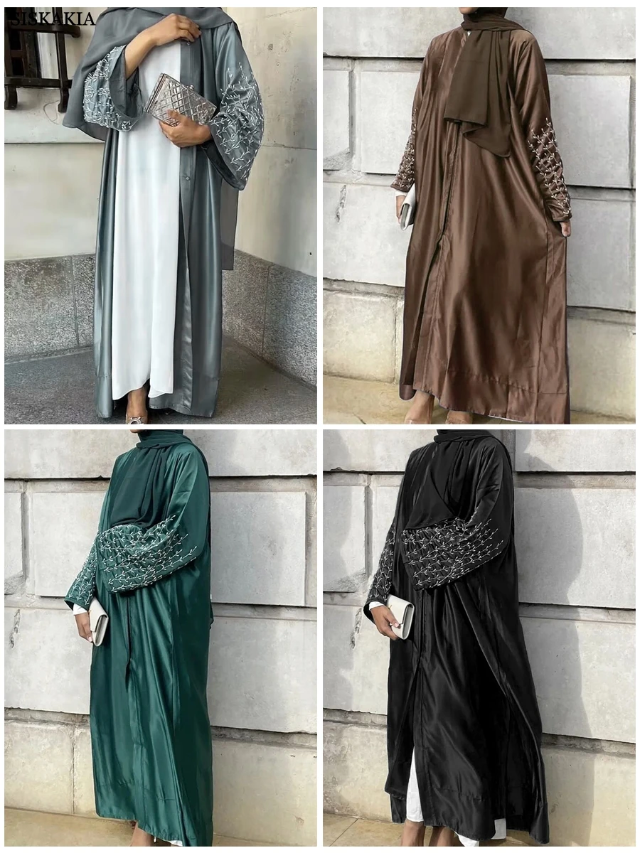 Siskakia Solid Handwork Beaded Kimono Abaya for Women Daily Gatherings Modest Muslim Moroccan Kaftan Dubai Covered Button Robe