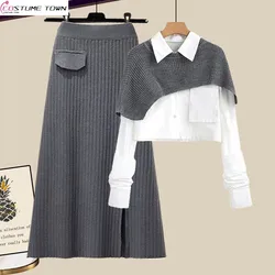 Conjunto de meia saia tricotada para mulheres, camisa solta com xale, cintura alta, grande, nova moda, outono e inverno, 2023