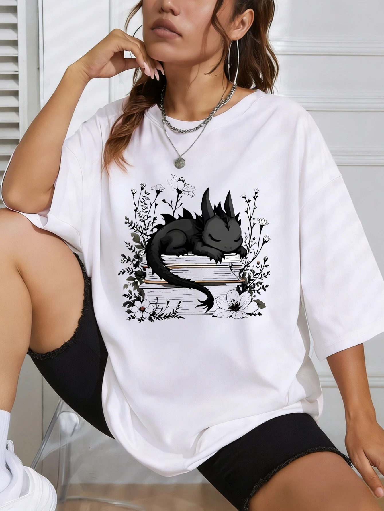 

Womens Oversized Cotton T Shirts Cute Black Dragon Floral Printed Casual Summer Graphic Tee Gift for Her