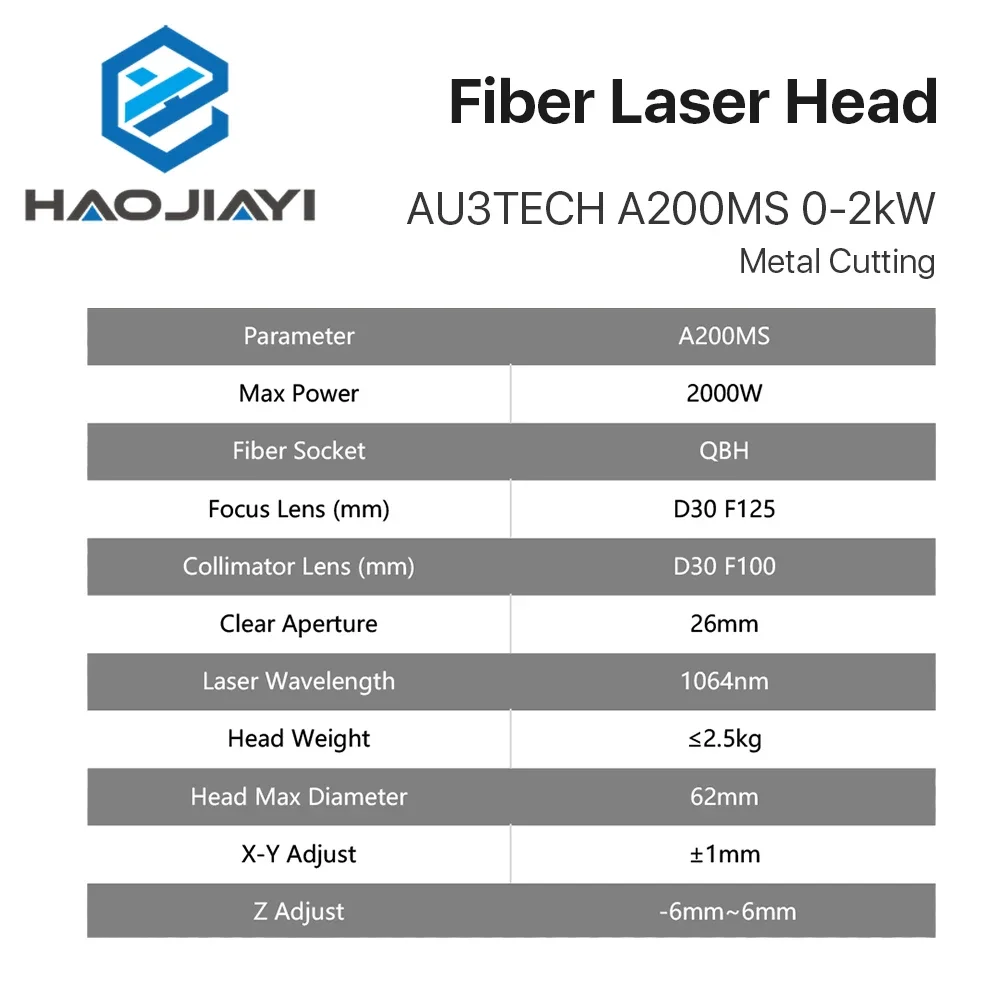 Metal Cutting Head AU3TECH A200MS 0-2KW Automatic Focusing OBH Laser Head D30 CL100 FL125 Ceramic D28 for Laser Machine