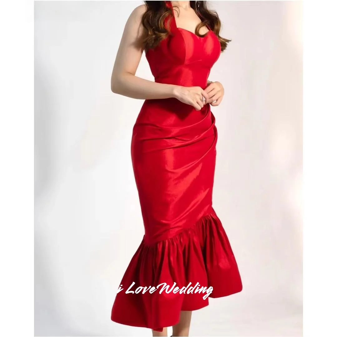 

Red Halter Evening Dress 2025 Satin Sweetheart Sleeveless Mermaid Backless Prom Dress Tea-length Pleated Party Dress Customized