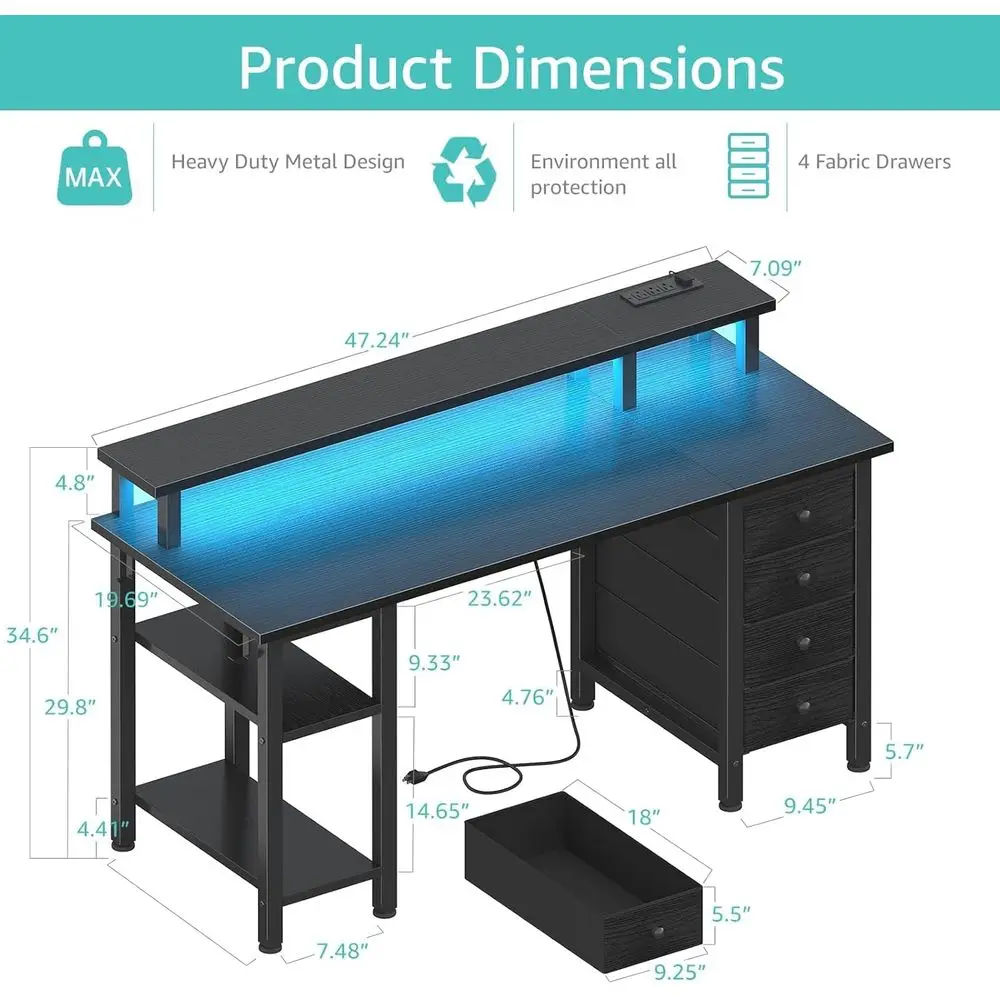 مكتب ألعاب أسود مُضاء بإضاءة LED مكون من 47 لونًا مع أدراج قماشية وأرفف تخزين ومنافذ طاقة
