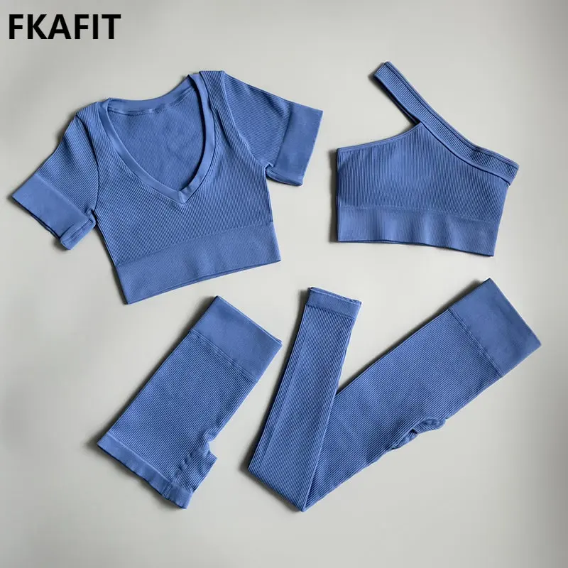 2/3/4 sztuk zestaw gimnastyczny kobiety bez szwu strój do jogi stanik sportowy krótki Top spodenki legginsy z wysokim stanem spodenki strój Fitness ubrania do ćwiczeń