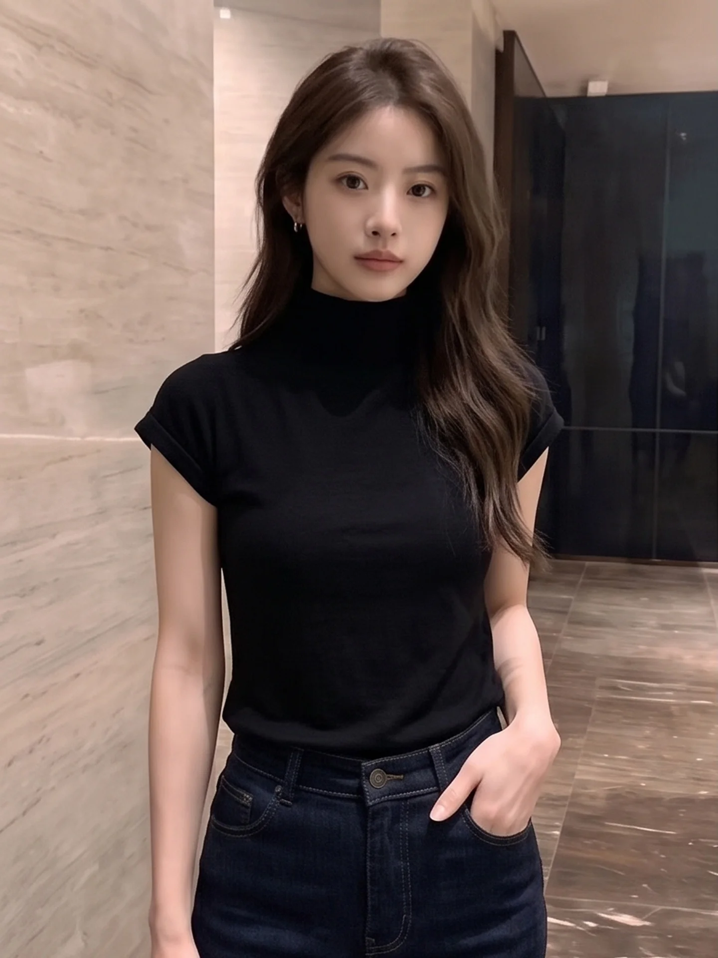 Stylish Black Half-High Collar Short Sleeve Women's T-Shirt Thin Summer New Fashion Street Beautiful Small Size Shirt Top