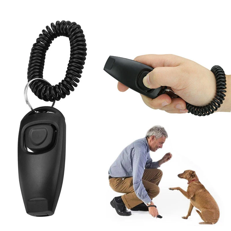 2 in1 Dog Pet Puppy Cat Training Clicker Whistle Click Trainer Obedience Aid Tool Black Pet Supplies portable With Key Ring