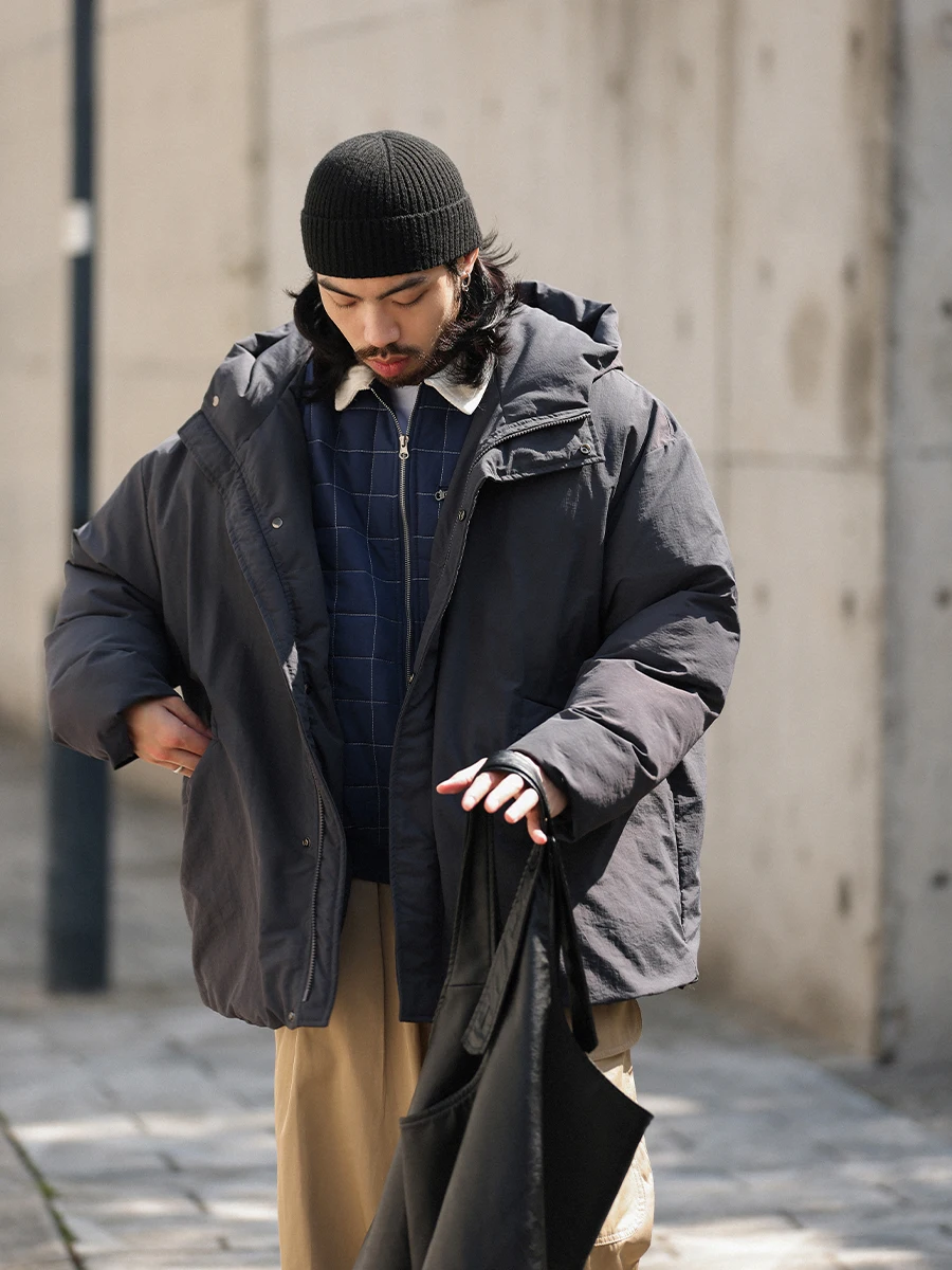 

Noears Japanese Style Outdoor Thickened Cotton Jacket Loose Fit Hooded Winter Cold Resistance Windproof Middle Length Coat