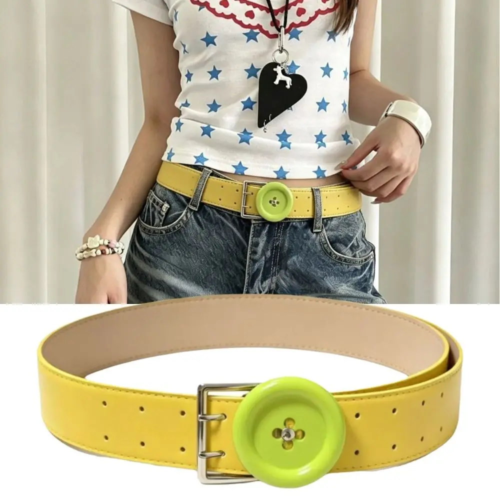 New PU Y2K Waist Belt Large Button Decor Adjustable Decorative Belt Metal Buckle Fashion Belt Pants Accessory