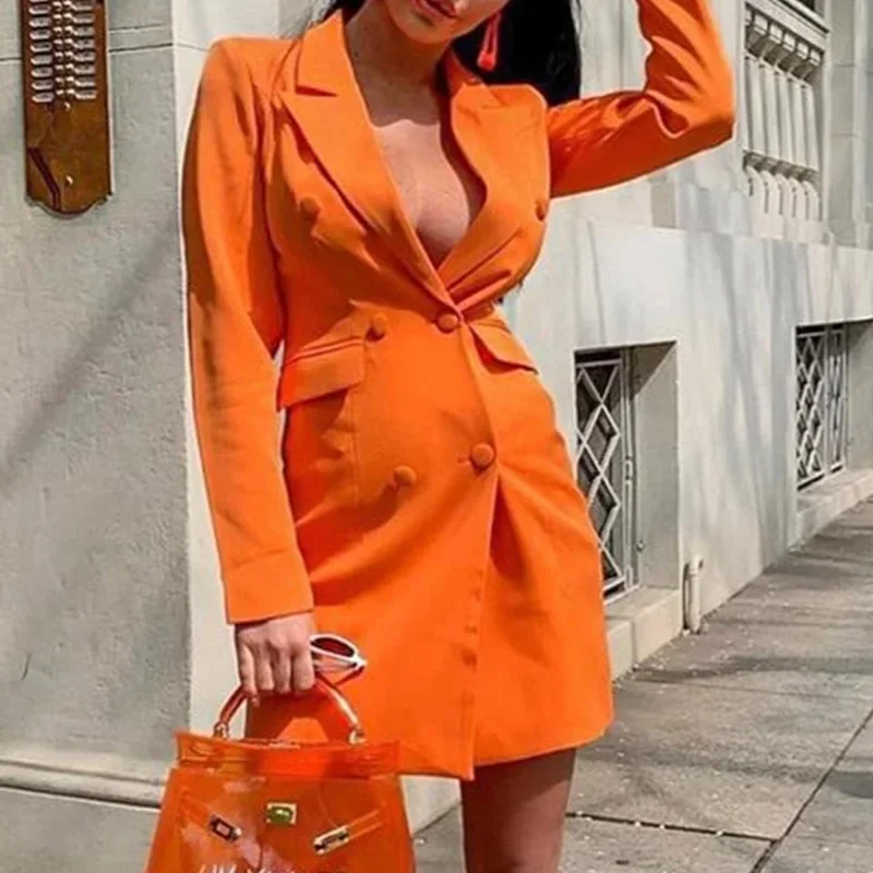 Frauen Frühling Herbst Orange Chic Mittellanger Blazer Neue Mode Voll tonfa rben passt Büro Dame Zweireiher eleganter Blazer