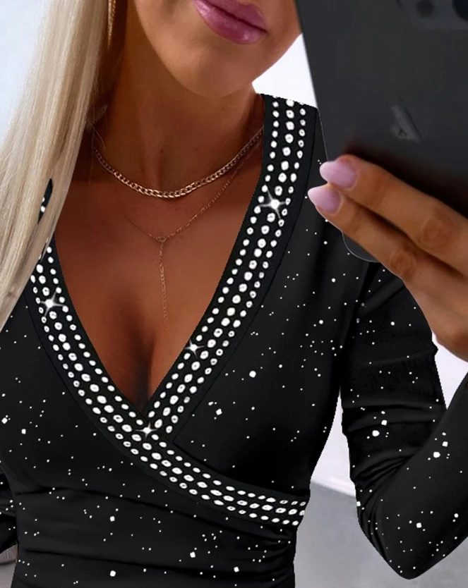 Women's Blouse Casual Long Sleeve Rhinestone Glitter Deep V-Neck Skinny Top 2023 Autumn Clothes Fashion Versatile Pullover Tee