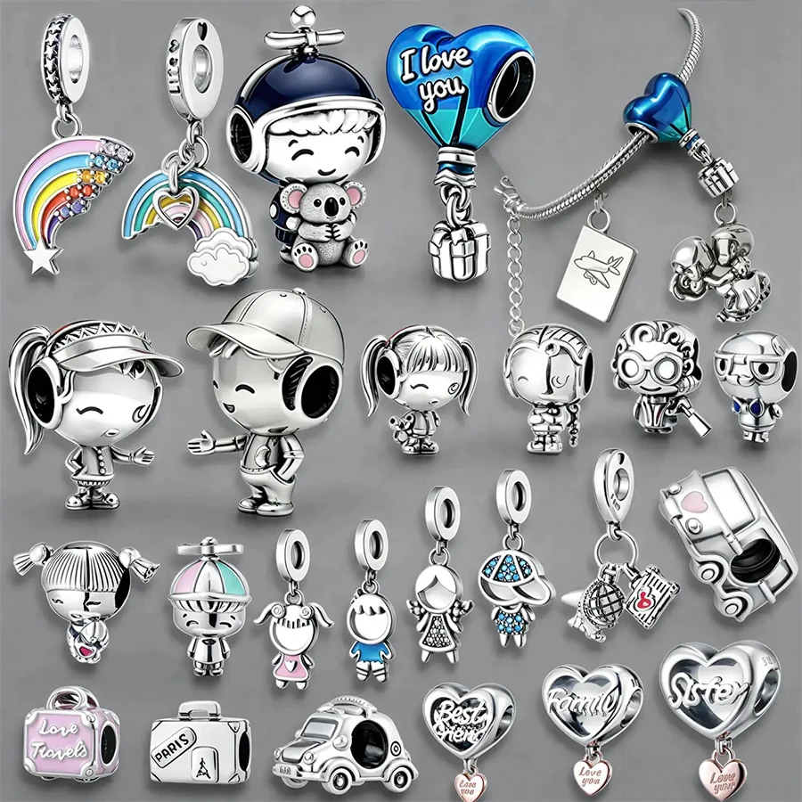 

Silver Cute Cartoon Character Charms for Bracelet DIY Jewelry Making Rainbow Travel Love Family Sister Pendant Beads for Women