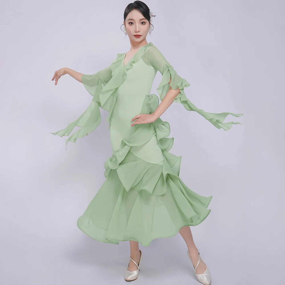 Flamenco Skirts Ruffled Dance Dresses V-collar Long Dress Fragrant Snow Green Middle Sleeve National Standard Dance Black New
