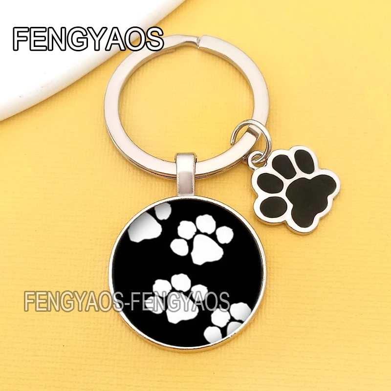 Cute Dog Paw Print Keyrings for Door Lovely Cat Footprint Keychains Women Glass Dome I Love Dogs Key Chain