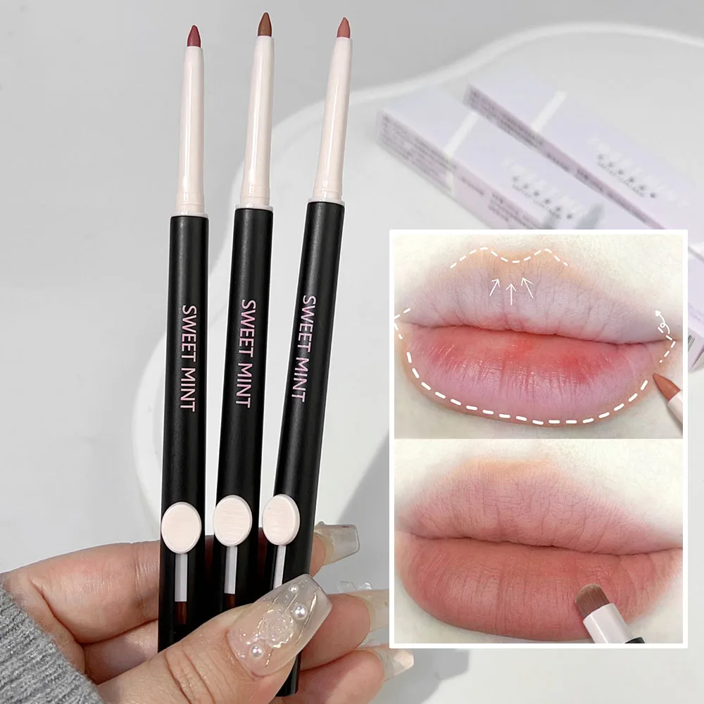 Lip Liner Pencil with Brush Double Sided Matte Nude Contour Lipstick Pen Waterproof Lasting Outline Lips Shape Korean Cosmetics