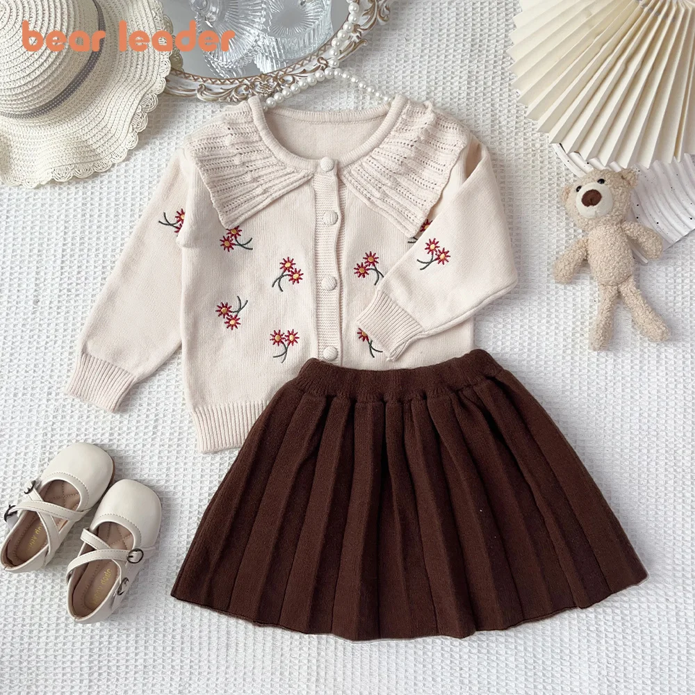 Bear Leader Autumn Toddler Girls Clothes Big Collar Floral Embroidery Button Knit Cardigan Brown Pleated Skirt Kids 2‑Piece Set