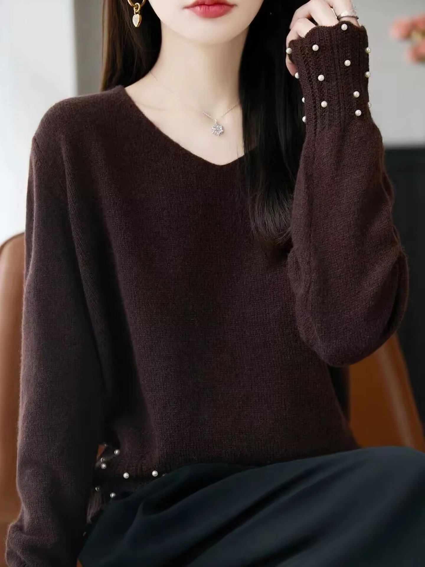 

Ele Long Sve V-Ne Knitwear Women's Commute Versatile Faion Winter Woolen Sweater High-End Brand Korean Sle