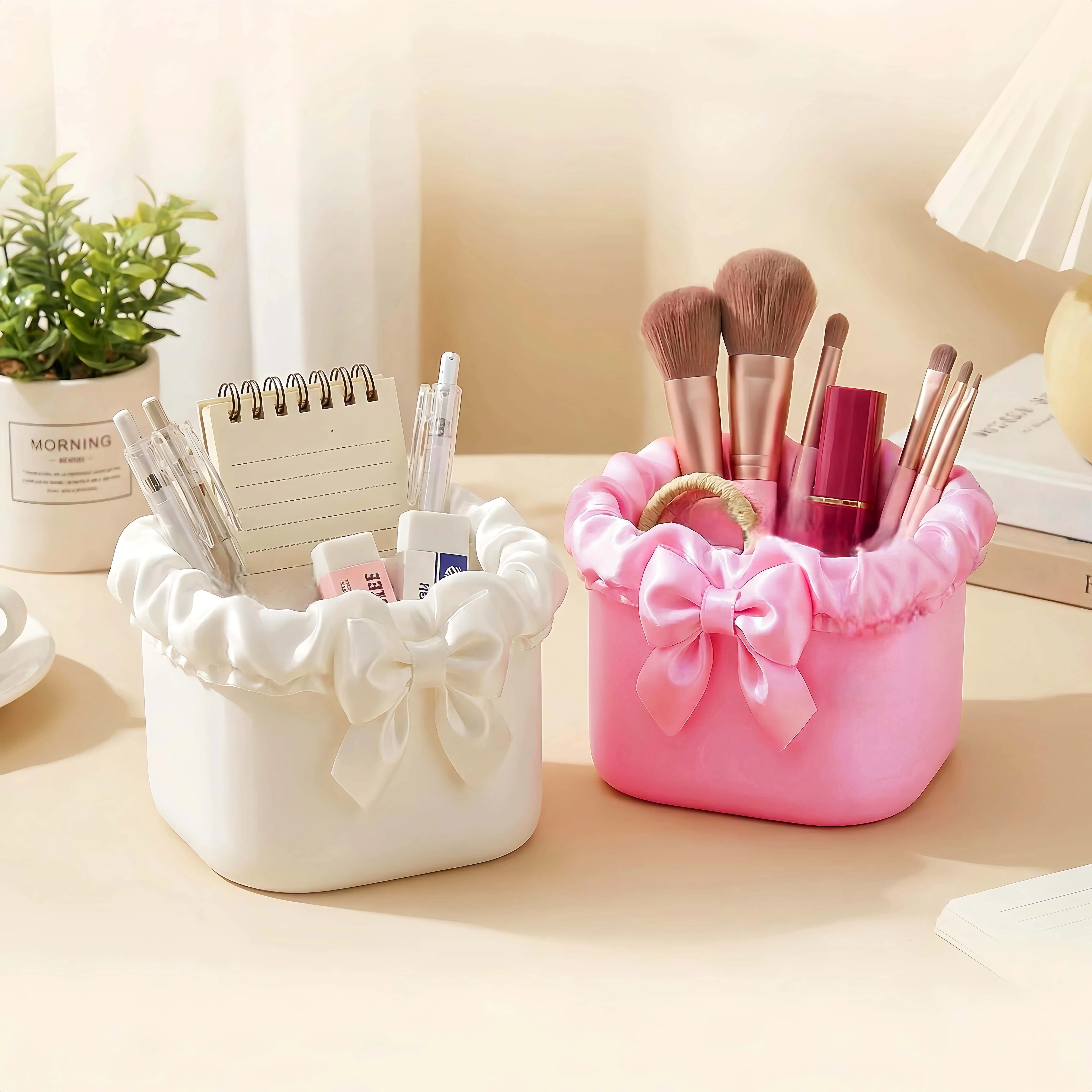 Bowknot Satin Desk Organizer, Cute Ruffled Storage Basket for Makeup Brushes, Stationery, Vanity Decor & Small Accessories