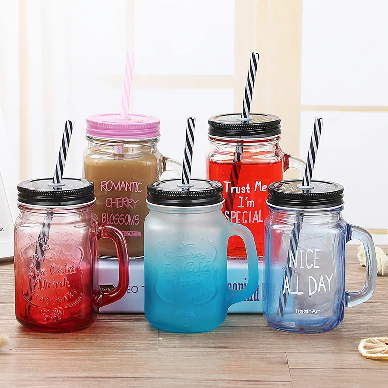 Colorful Glass Cups Clear Glass Water Cup Gradient Transparent Cap Straw Cold Drink Handle Mason Cup with Cover Drinkware Cups