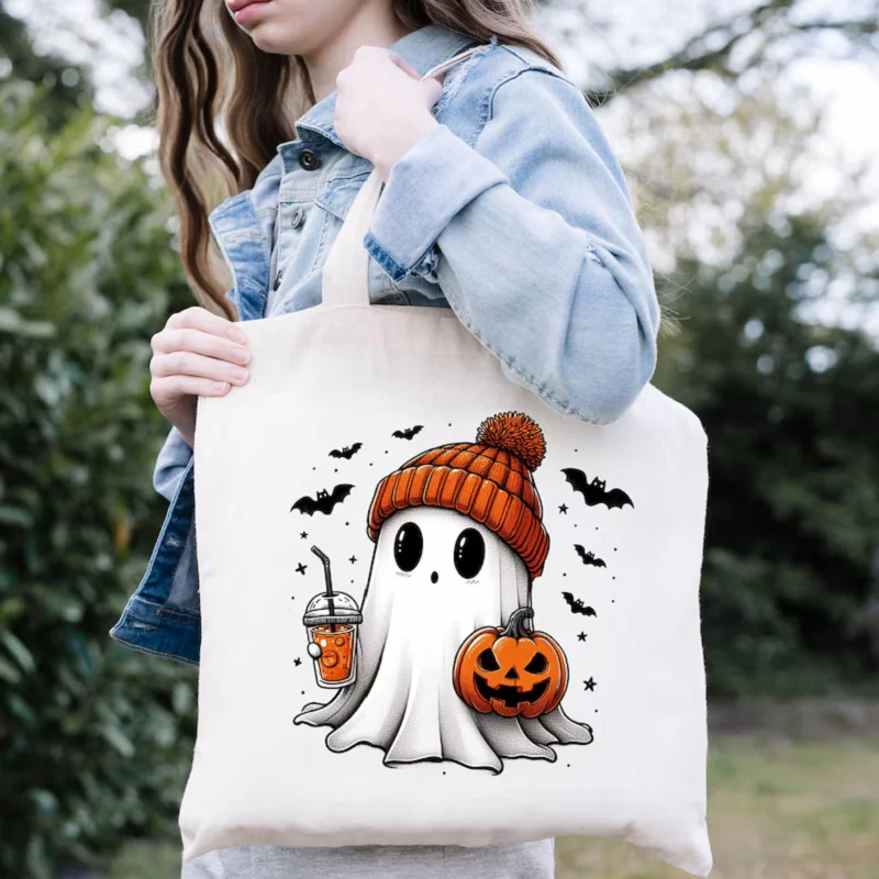 Borsa tote con zucca per festa di Halloween Borsa personalizzata per dolcetti o scherzetto per bambini Fantasma spettrale Sacco per caramelle carino