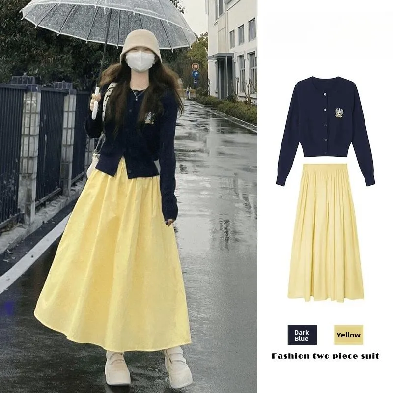 

Elegant Spring Fashion Slimming Cardigan And Skirt Set Long Sleeve Polyester round Neck Button up Two Piece Women's Ense...