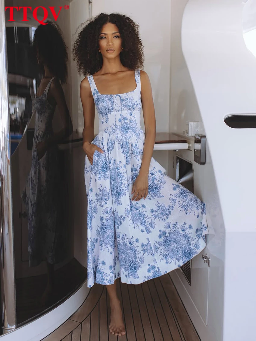 

TTQV Summer Loose Print Women's Dress 2026 Sexy Square Collar Sleeveless Midi Dresses Elegant Classic Pleated Female Dress