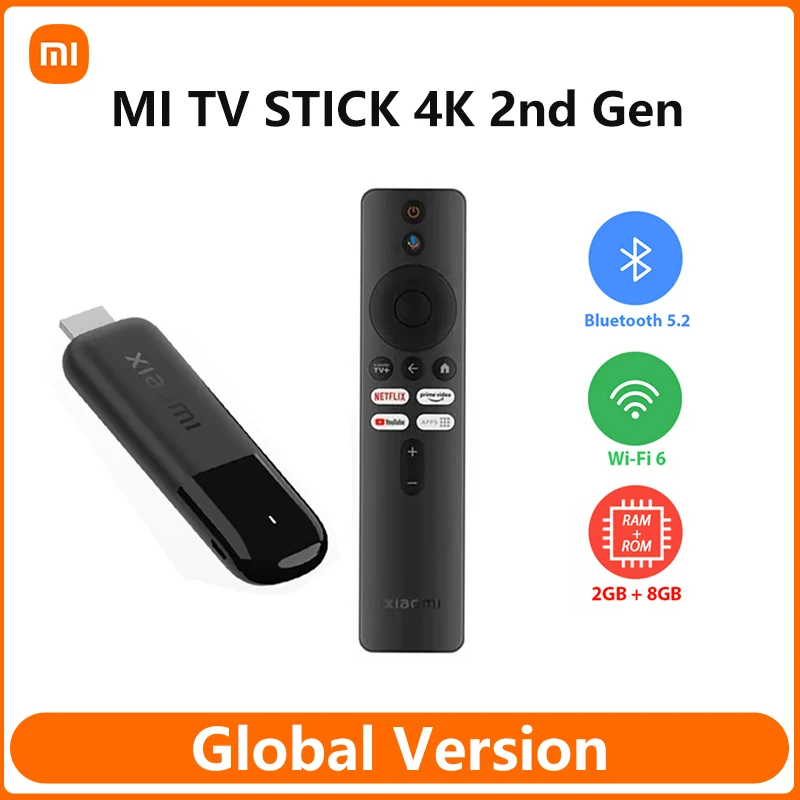Глобальная версия 2025 года Xiaomi TV Stick 4K 2-го поколения Bluetooth 5.2 Google TV Smart HDR Мини-потоковое медиа-ключ 2 ГБ ОЗУ 8 ГБ ПЗУ