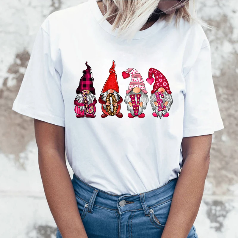 

(High quality T-shirts)New Valentine'S Day Gnome Print Tshirt Female Casual Short Sleeve T-Shirt Women Fashion Valentine'S Day T