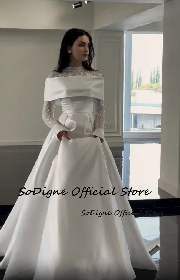 SoDigne A-line Satin Wedding Dresses High Neck Full Sleeves Bridal Dress Beading Long Wedding Gown Robe De Mairee ﻿Customized