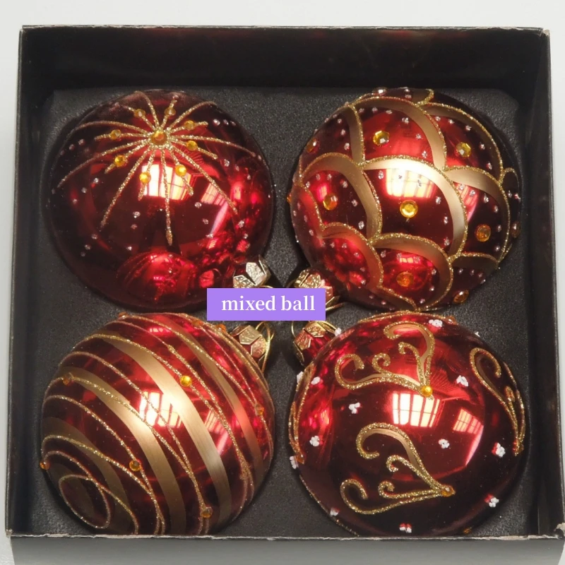 16pcs/pack Diameter=8cm Four Different Design Red Series Hand Painting Glass Ball Christmas DayTree Hanging Christmas Globe Gift