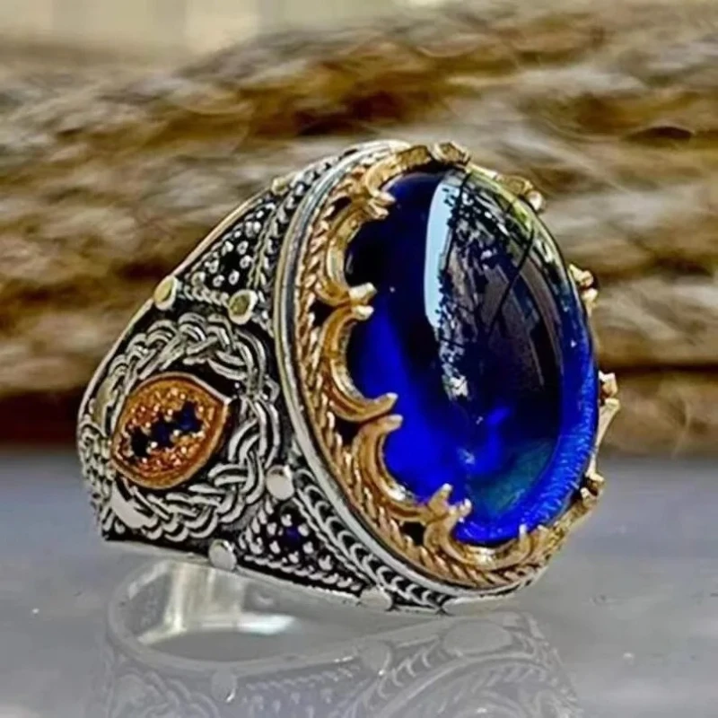 Men's Euro USA Artisan Ring, Blue Sapphire Blue Gemstone Vintage Diamond-Inlaid Premium Craftsmanship Jewelry for Daily & Party